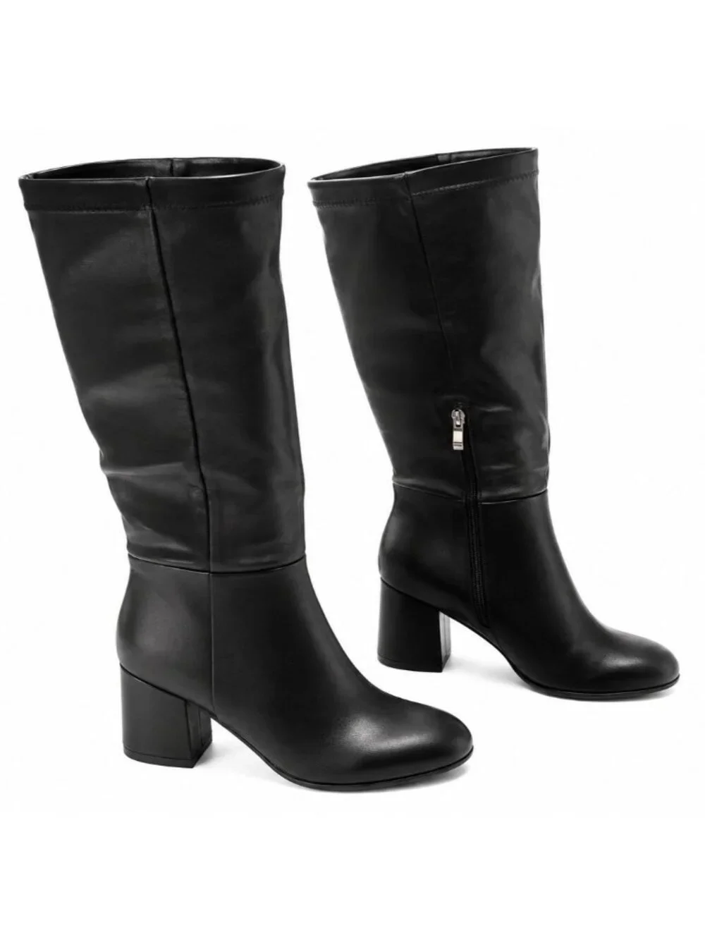 Fjqnxgy Size 9.5 Boots Knee High PU Leather Black Almond Toe Chunky Heel Zipper
